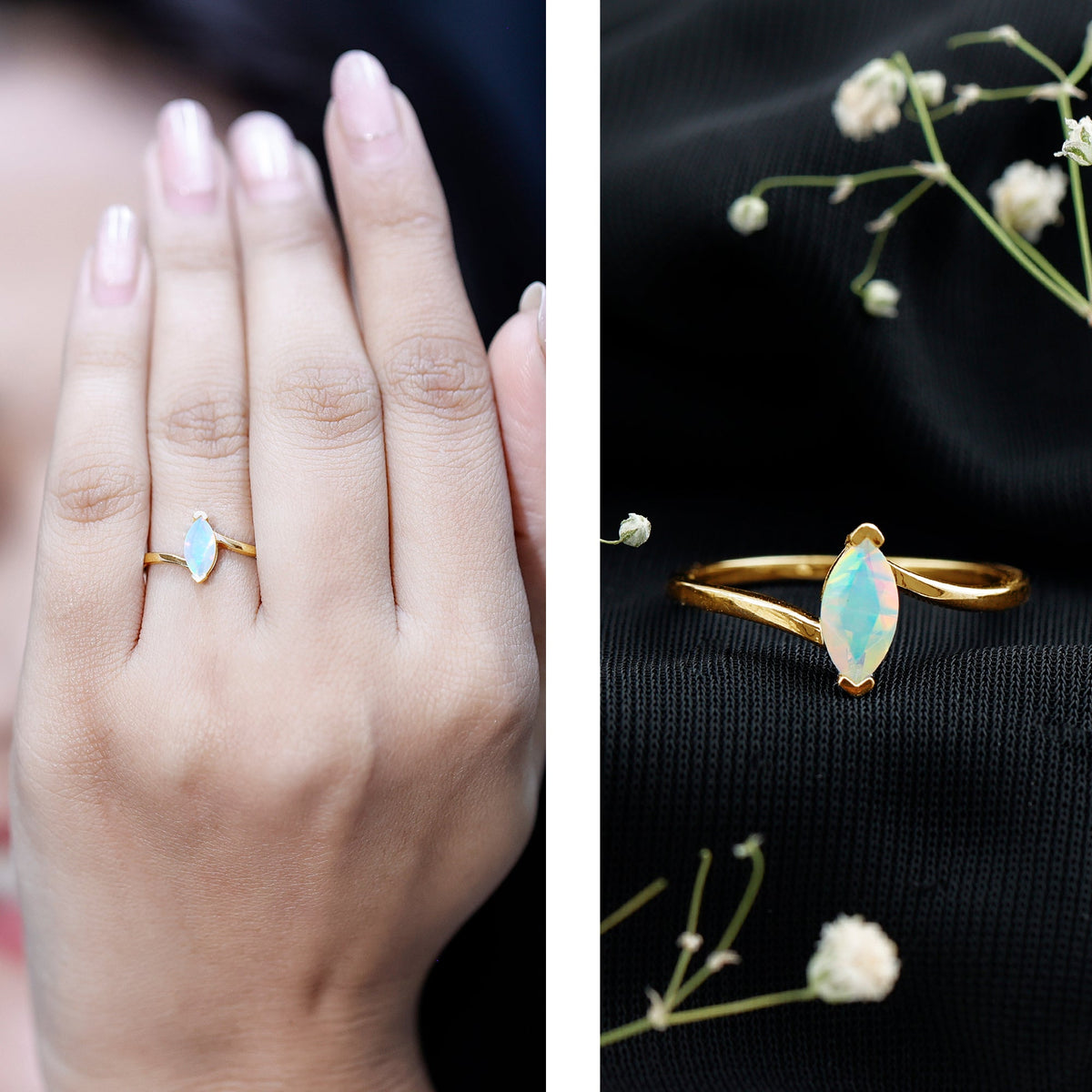 Natural Marquise Ethiopian Rainbow Opal Promise Ring with Bypass Shank