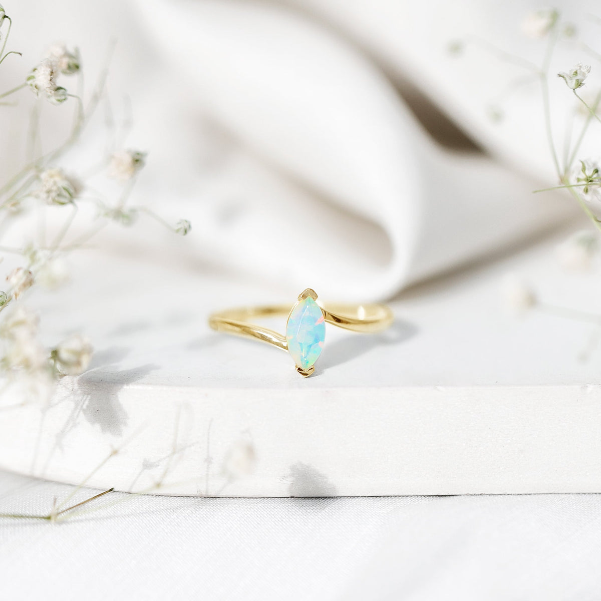 Natural Marquise Ethiopian Rainbow Opal Promise Ring with Bypass Shank