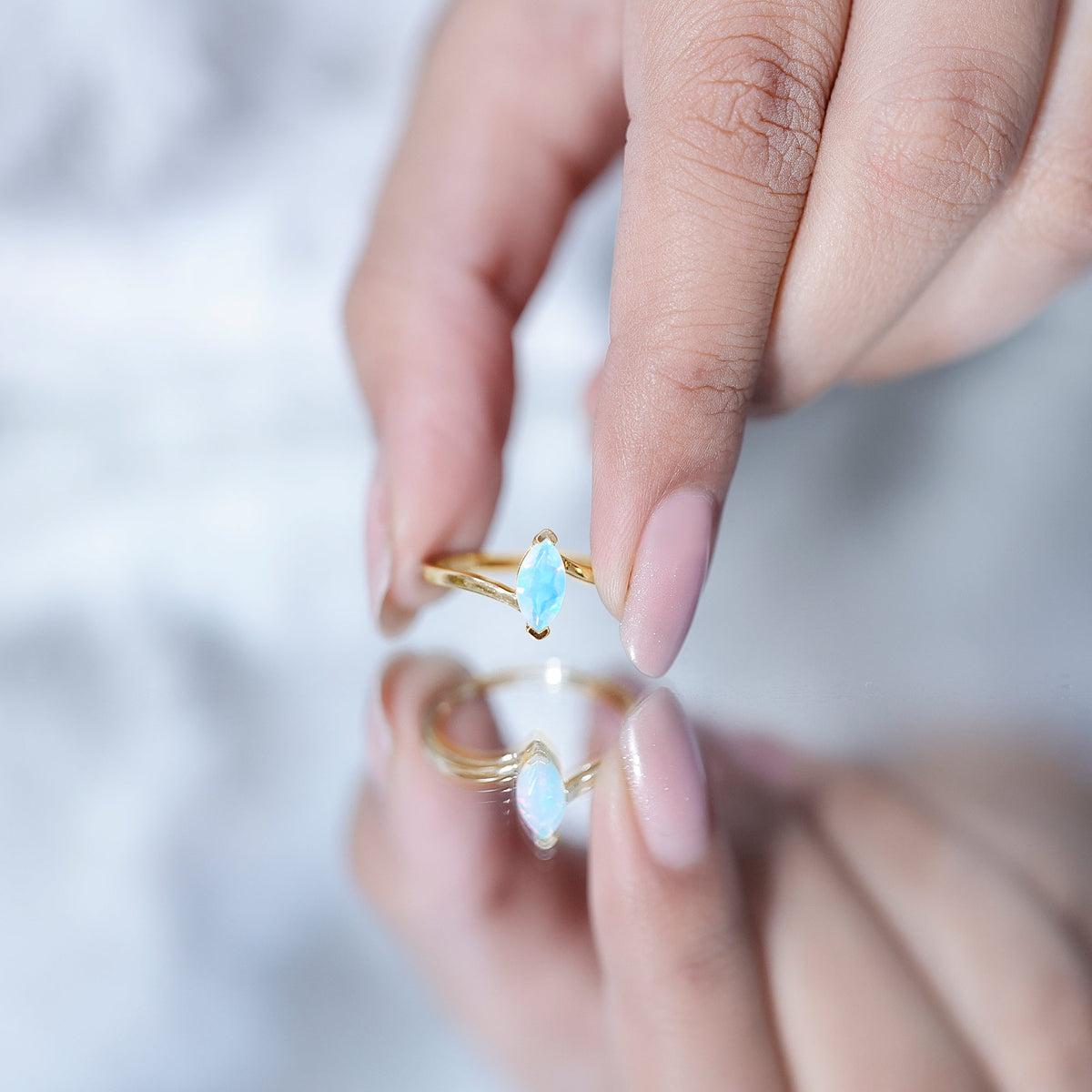Natural Marquise Ethiopian Rainbow Opal Promise Ring with Bypass Shank