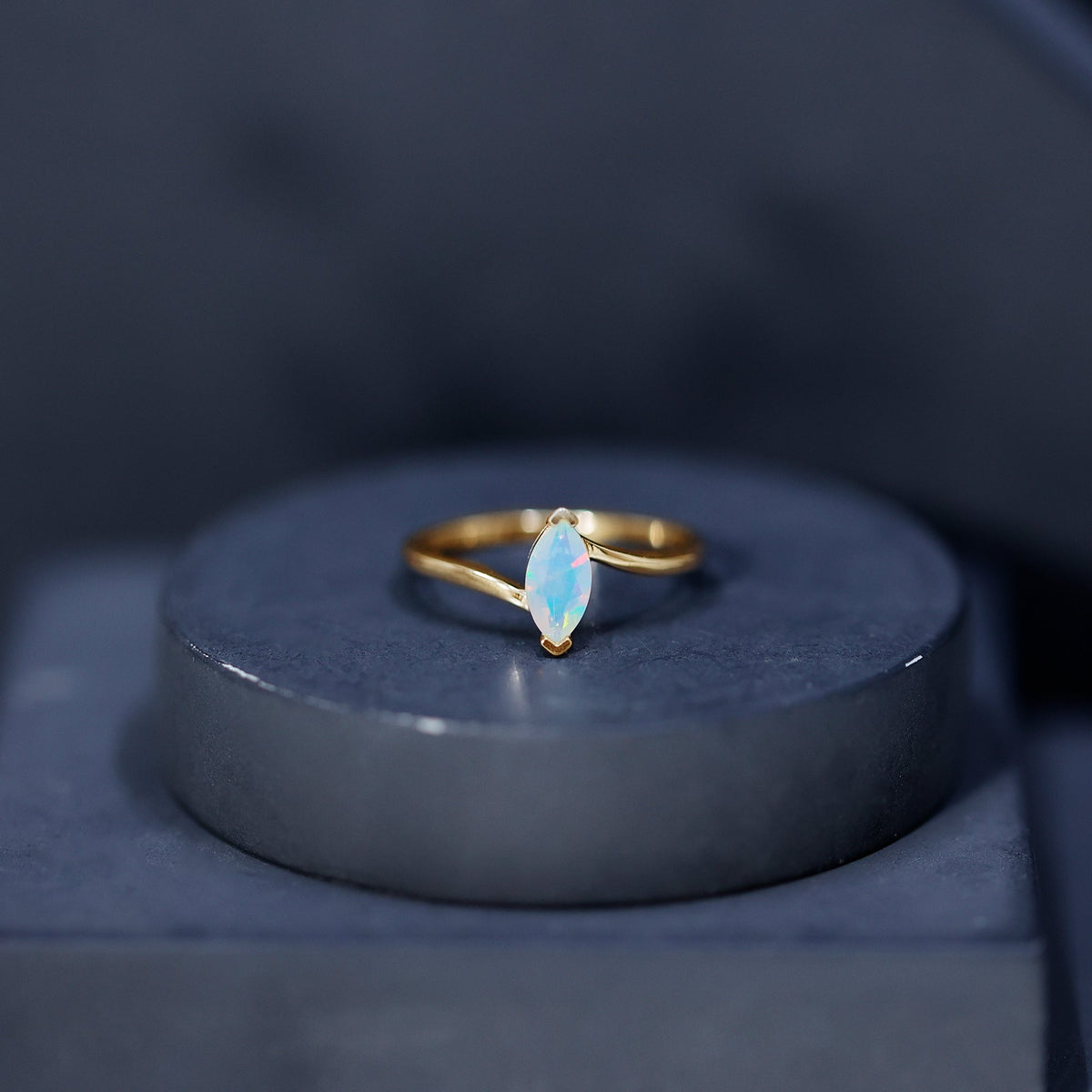 Natural Marquise Ethiopian Rainbow Opal Promise Ring with Bypass Shank