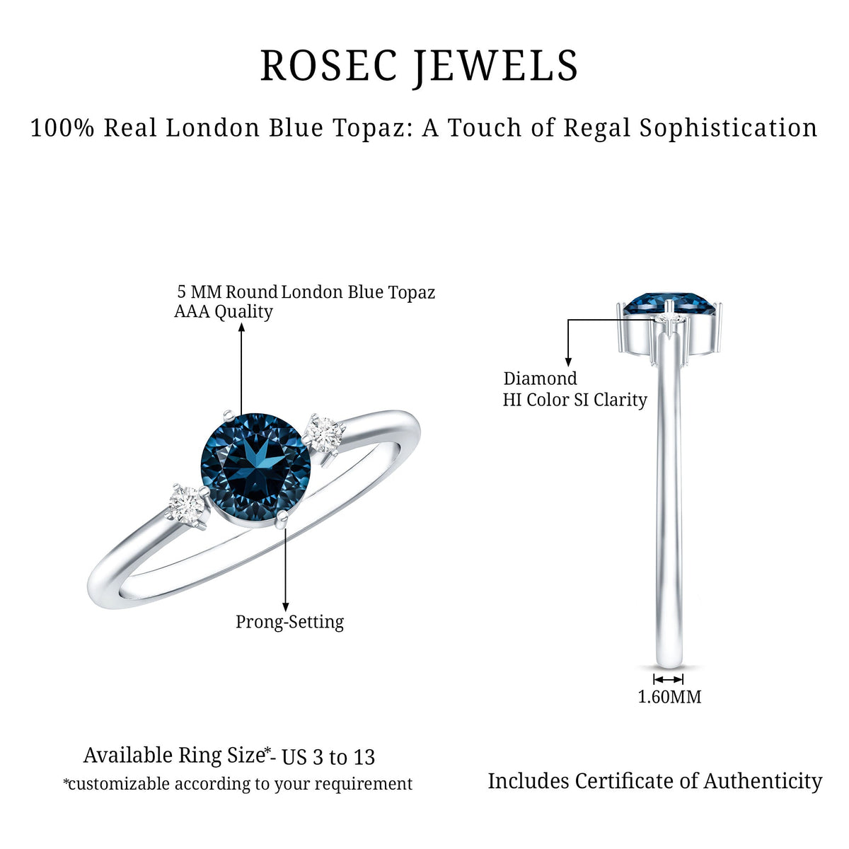 0.6 Carat Round London Blue Topaz Minimal Promise Ring with Diamond