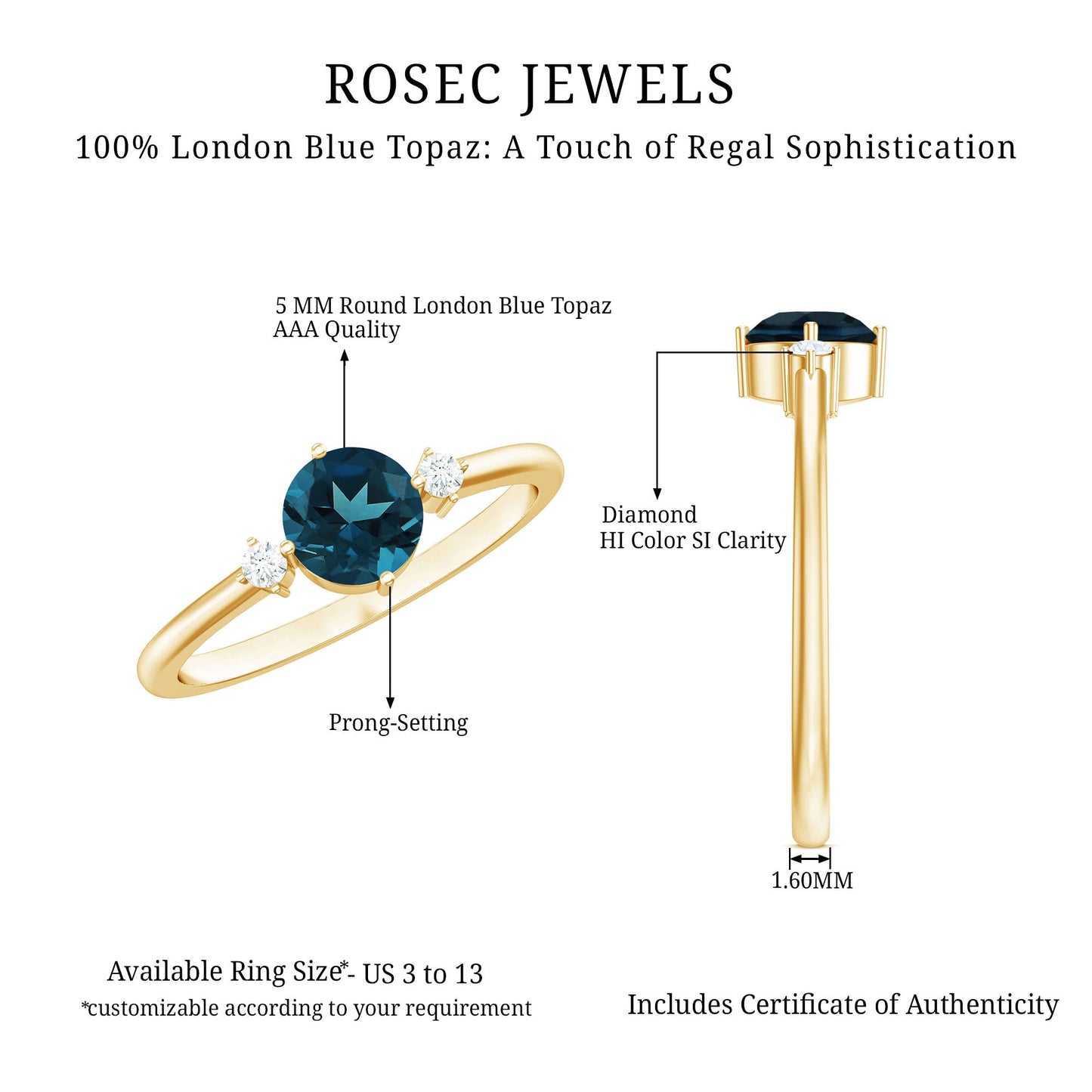 0.6 Carat Round London Blue Topaz Minimal Promise Ring with Diamond