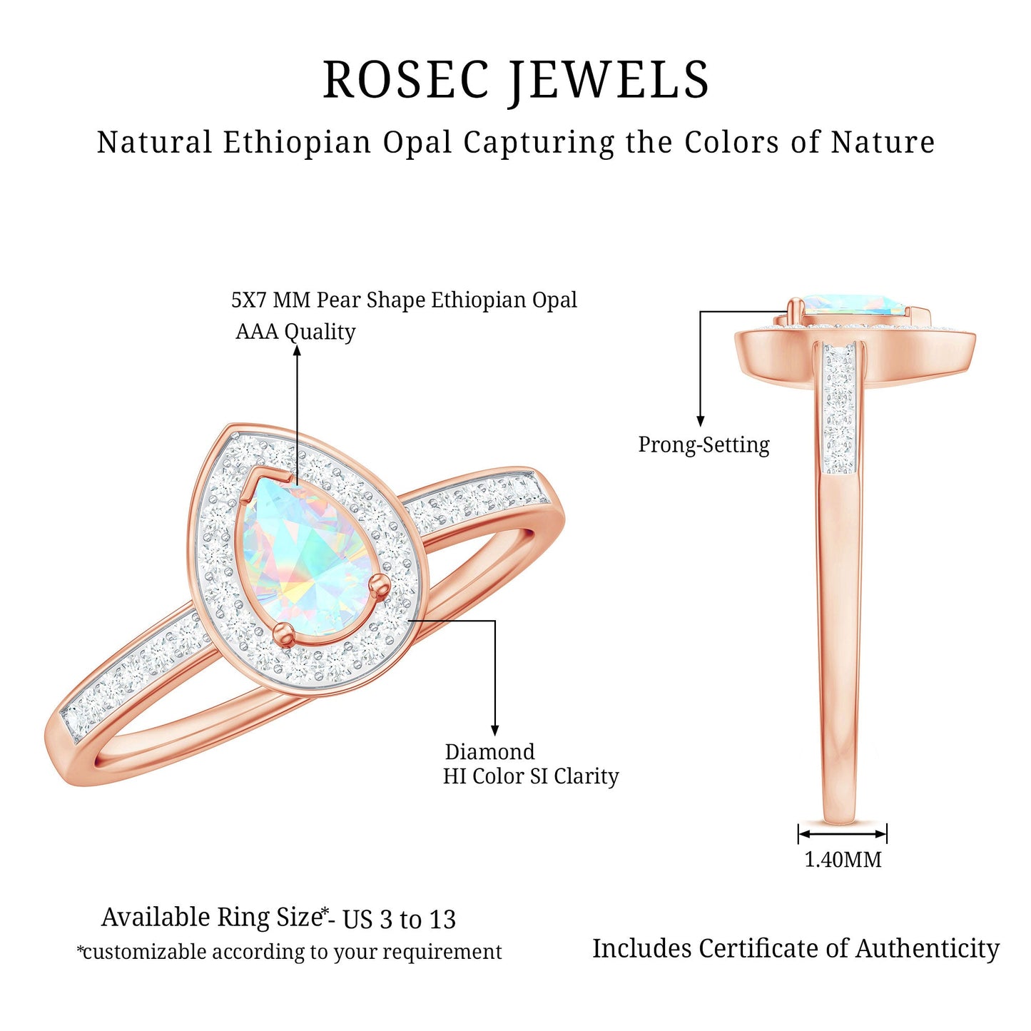 Natural 0.7 Carat Opalescent Teardrop Engagement Ring with Diamond Halo