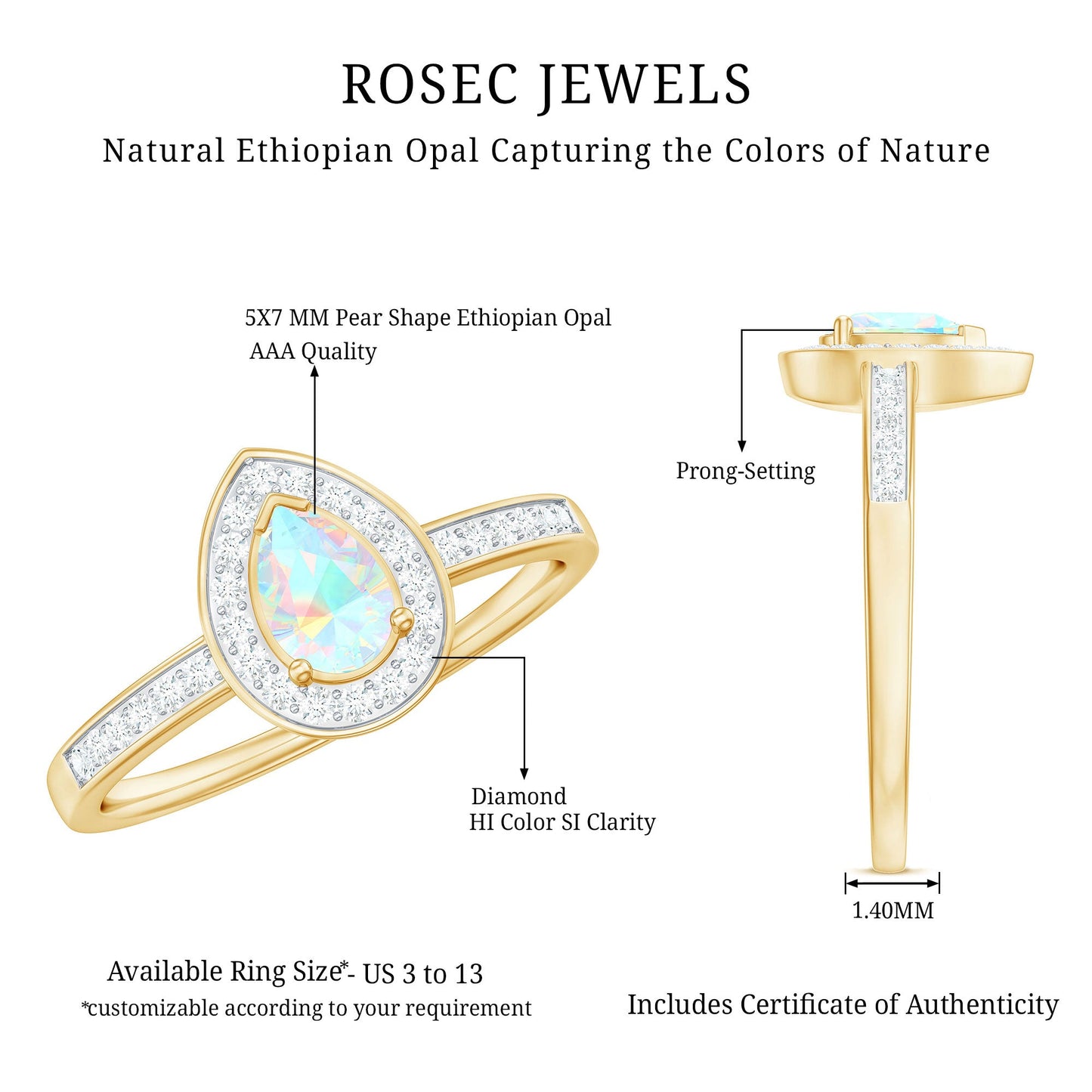 Natural 0.7 Carat Opalescent Teardrop Engagement Ring with Diamond Halo