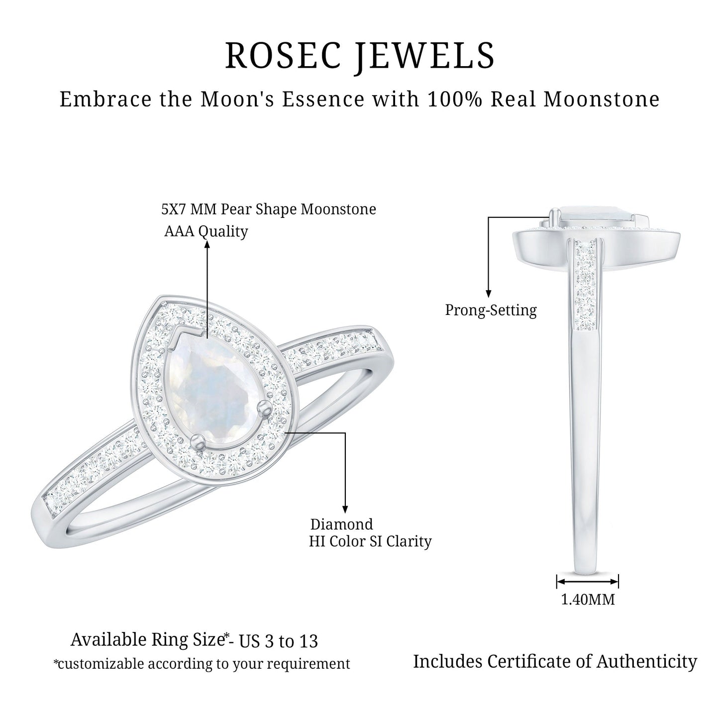 0.8 Carat Classic Moonstone and Diamond Halo Engagement Ring