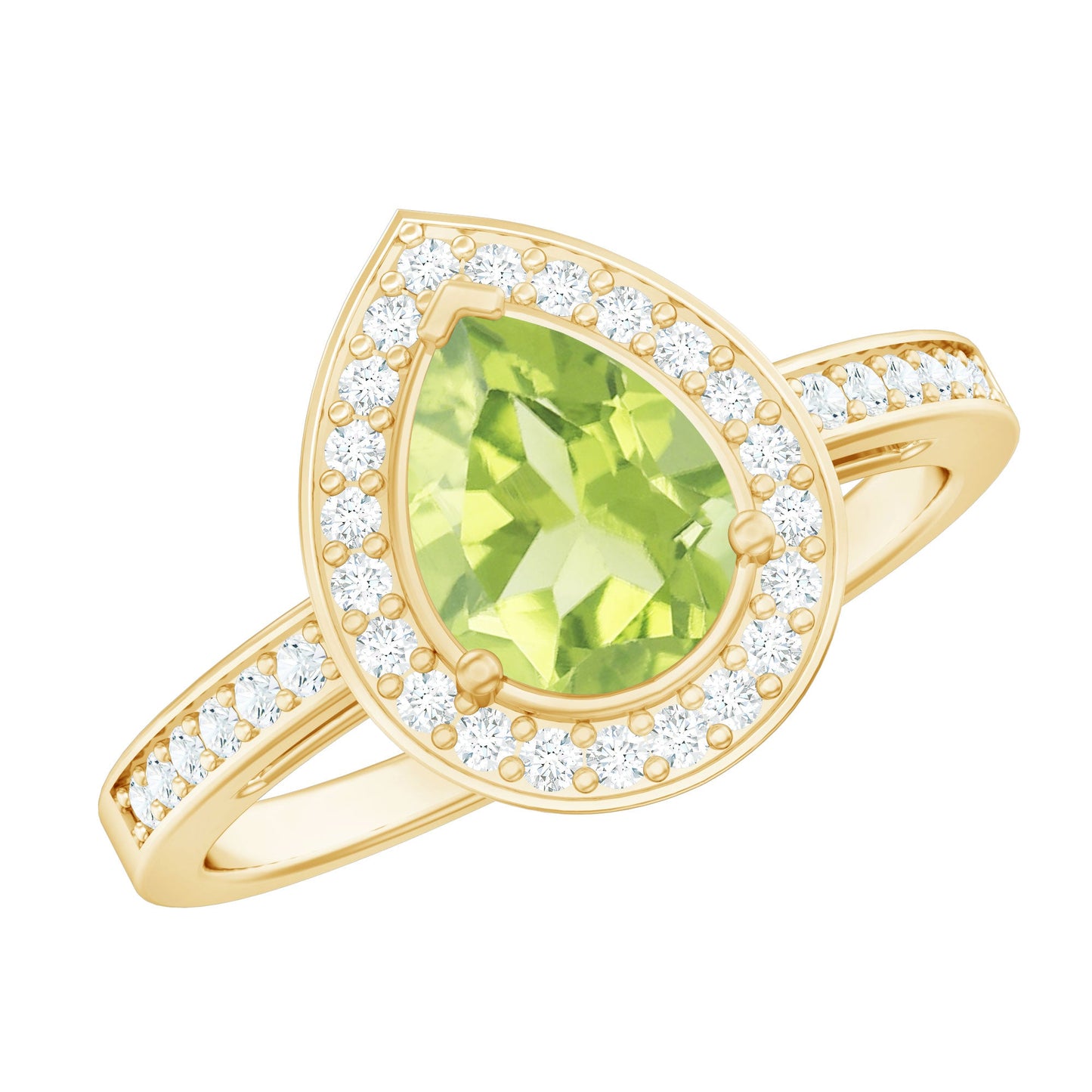 Natural 1 Carat Peridot Teardrop Engagement Ring with Diamond Halo