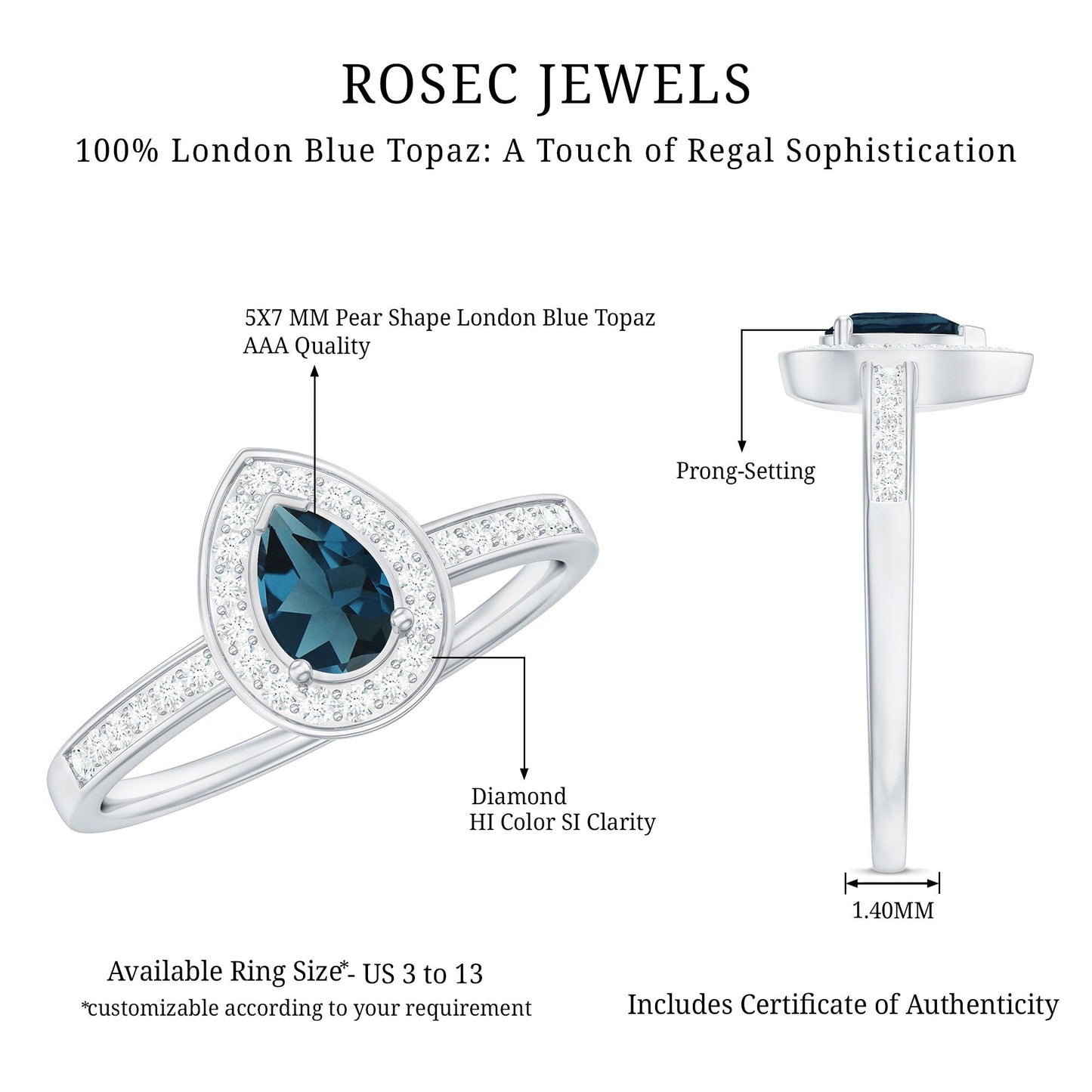 0.7 Carat Pear Shaped London Blue Topaz Engagement Ring with Diamond Halo