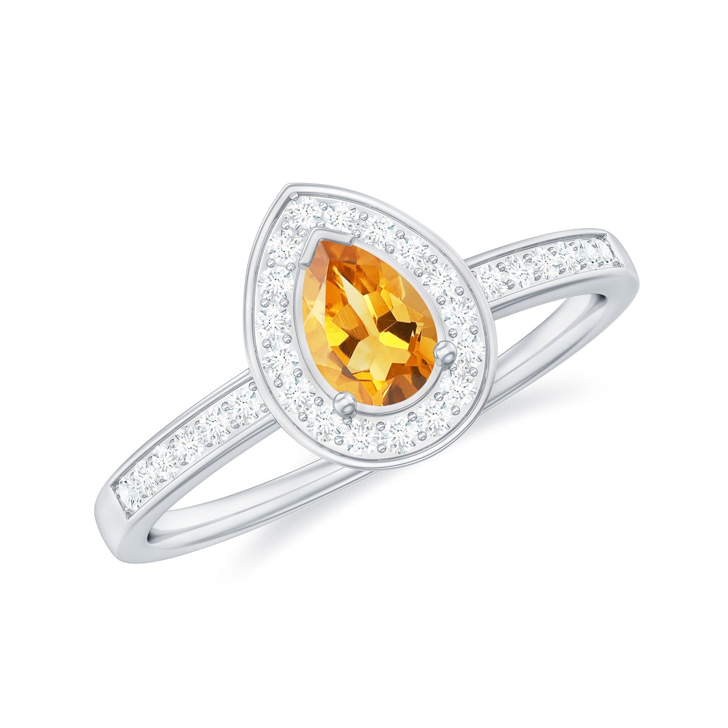 Natural 0.6 Carat Pear Shape Citrine Engagement Ring with Diamond Halo