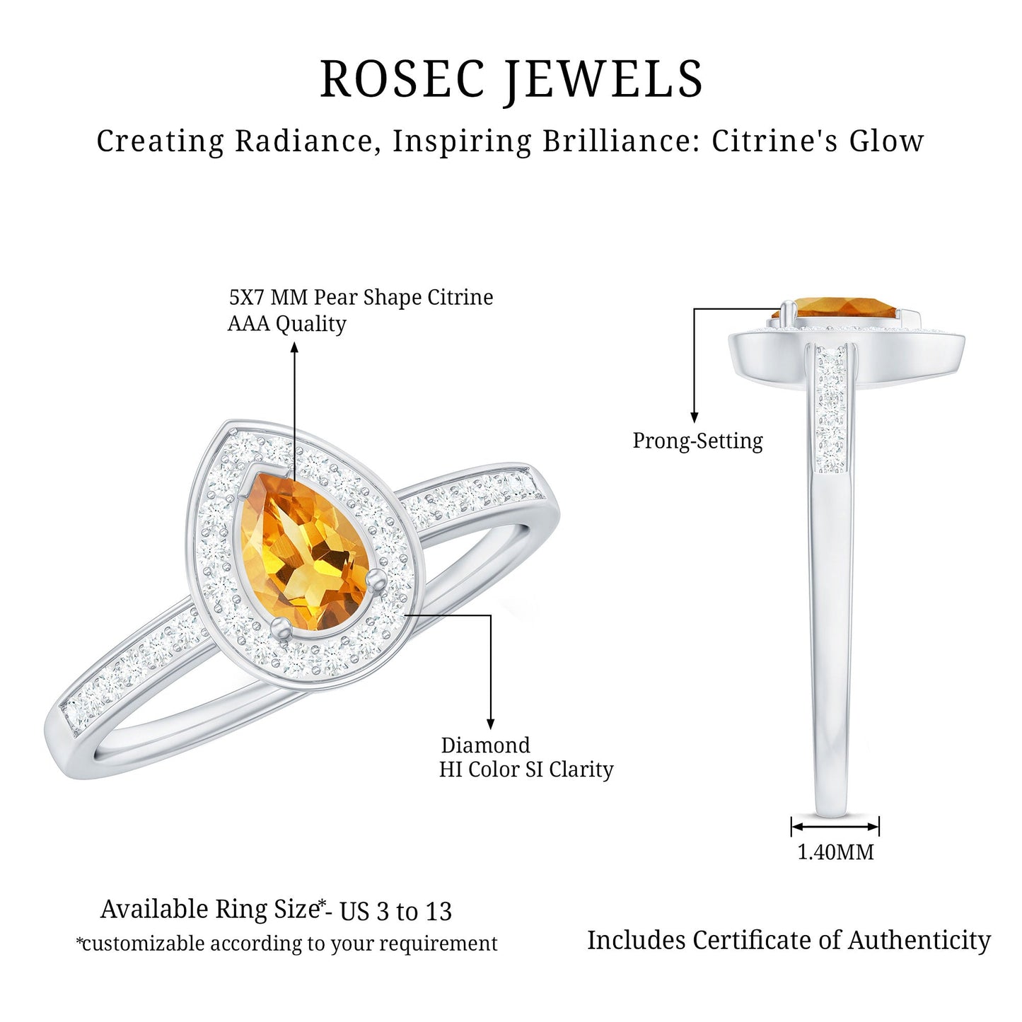 Natural 0.6 Carat Pear Shape Citrine Engagement Ring with Diamond Halo