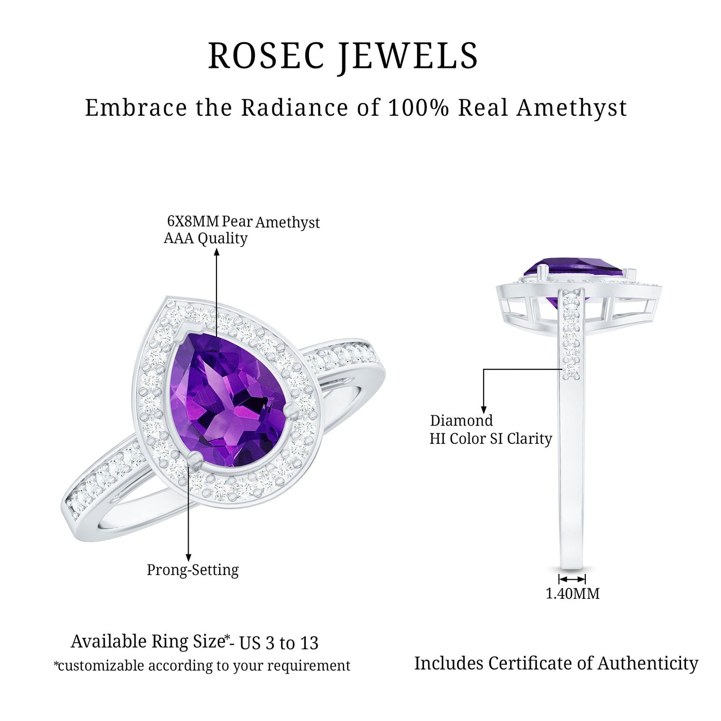 Real 1 Carat Amethyst Pear Shaped Engagement Ring with Diamond Halo