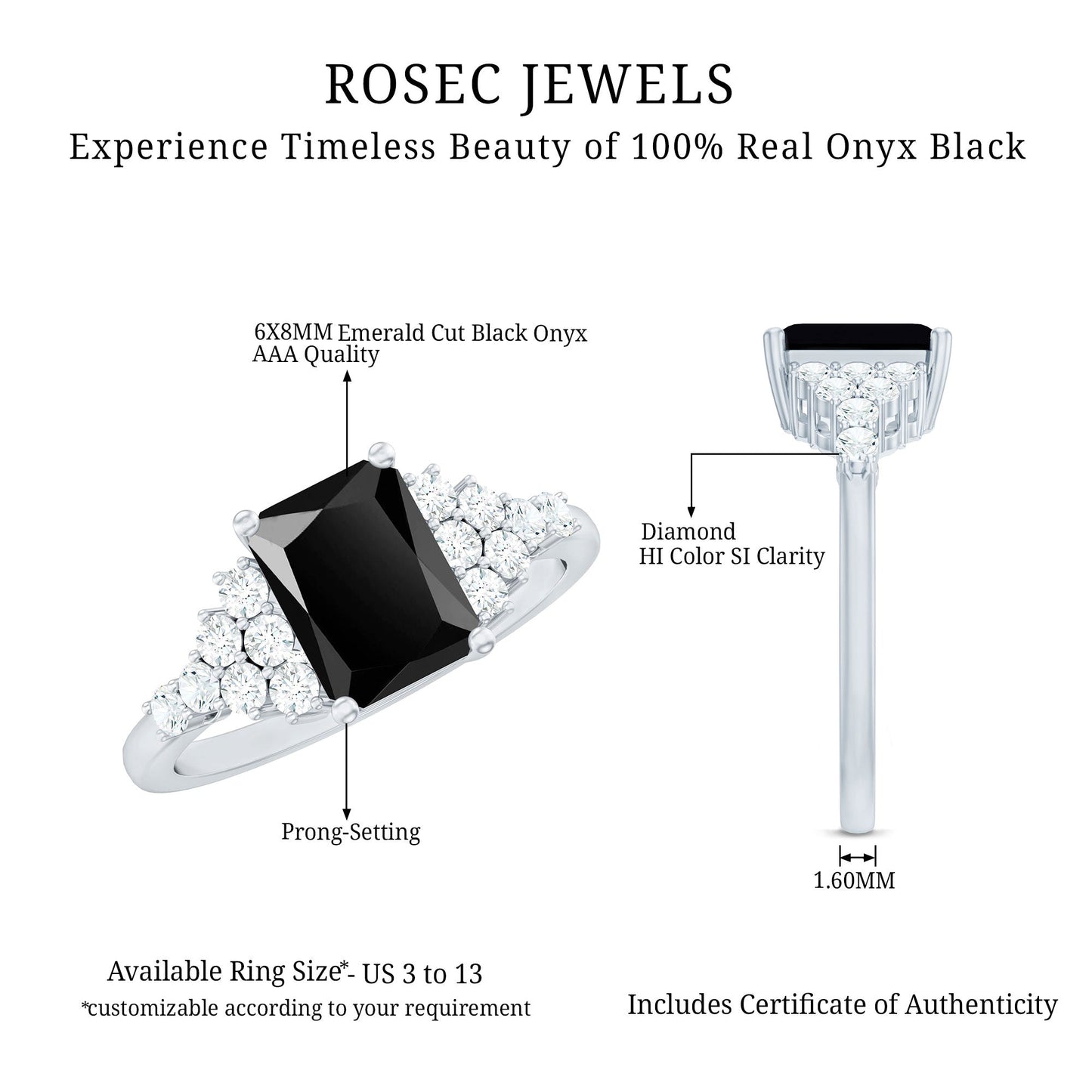 Certified 1.8 Carat Emerald Cut Black Onyx Engagement Ring with Diamonds