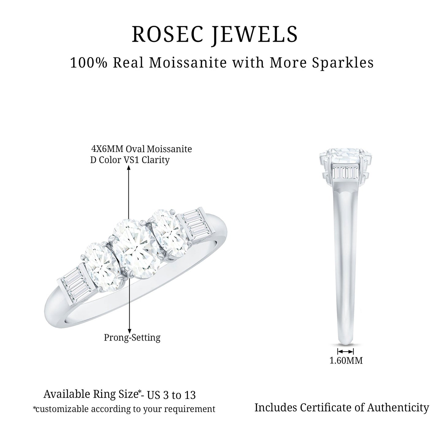 Oval Moissanite Three Stone Anniversary Ring for Women