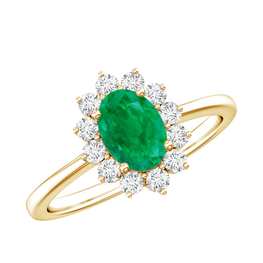 Natural 0.7 Carat Emerald Oval Engagement Ring with Diamond Halo