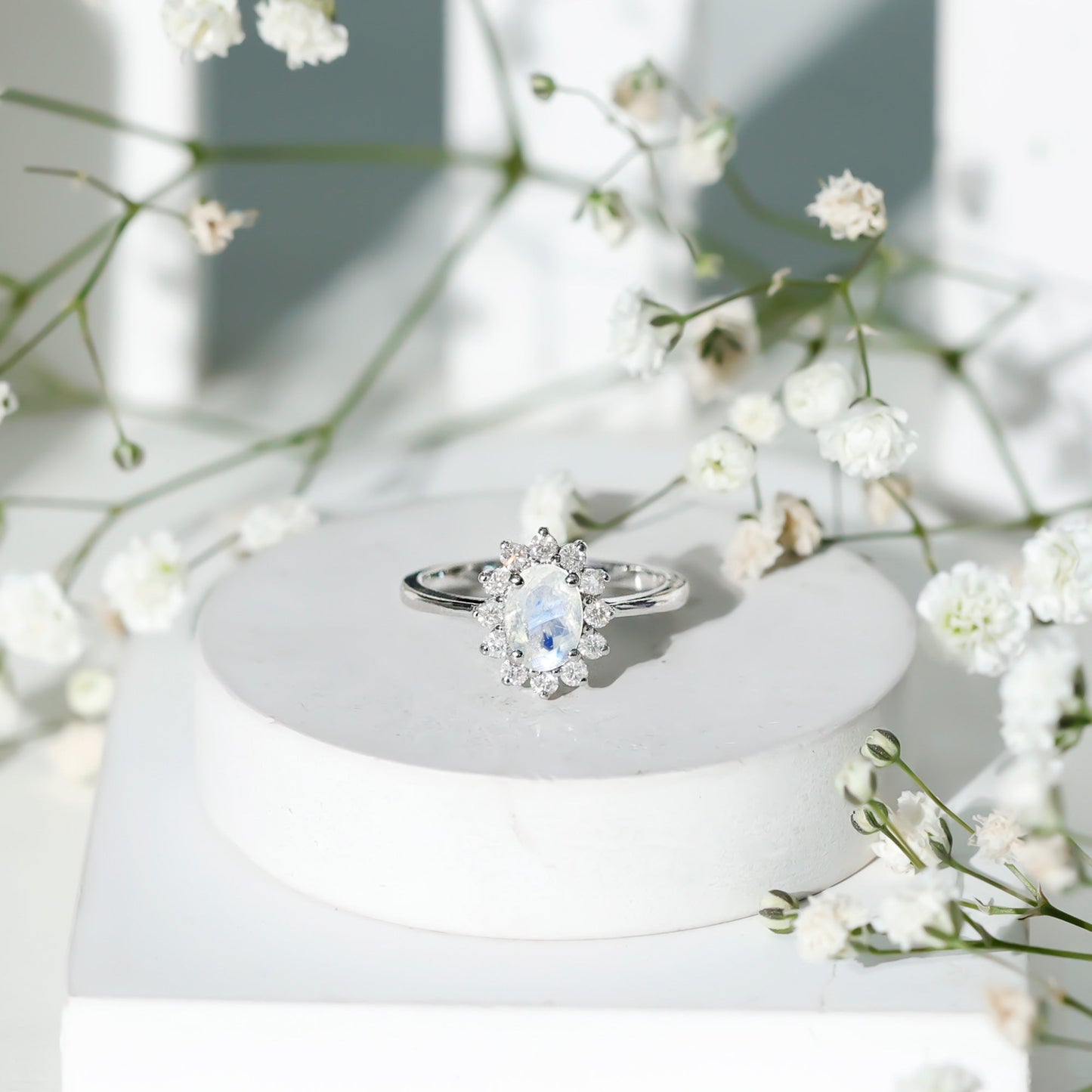 Princess Diana Inspired Moonstone Engagement Ring Diamond Halo