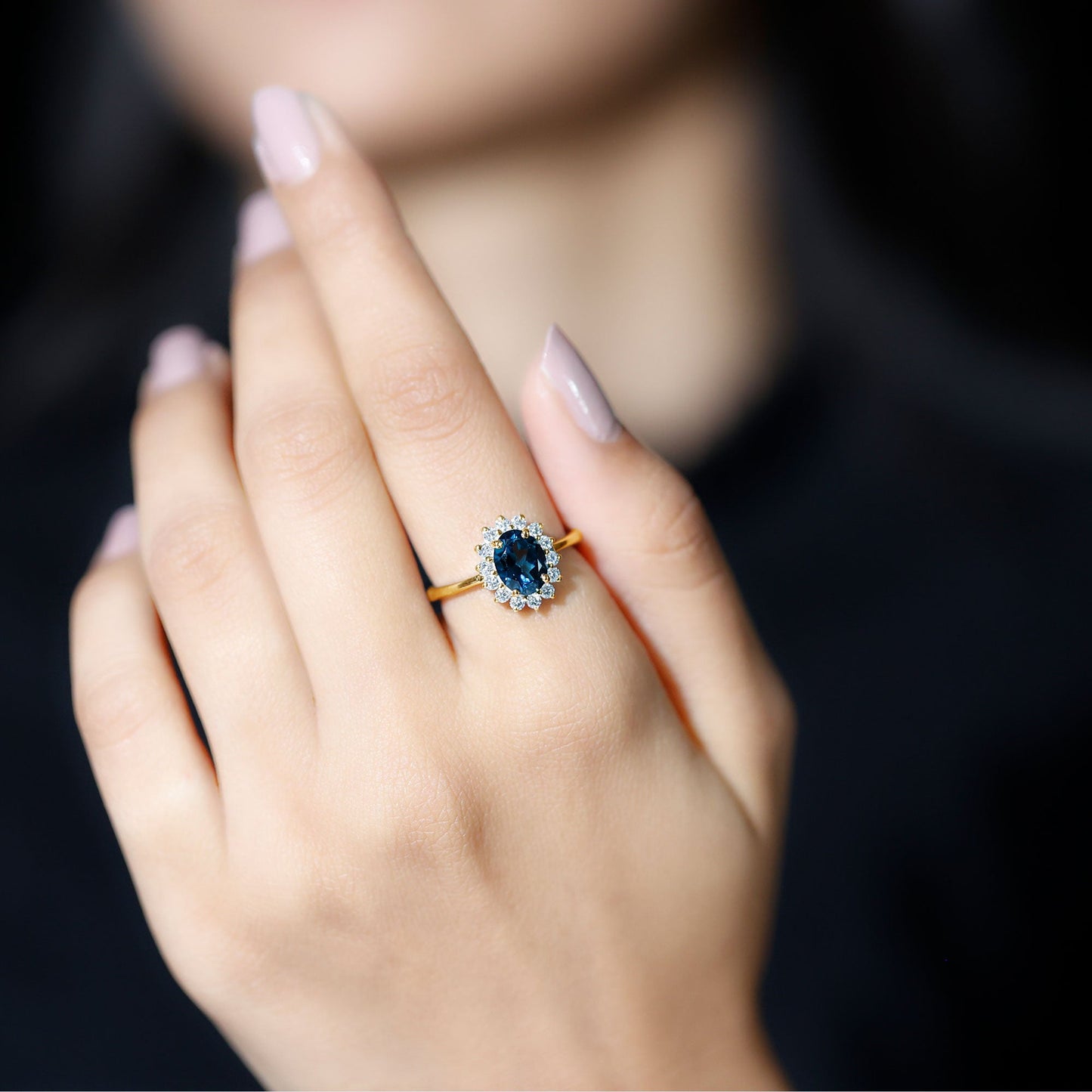 Real 1 Carat London Blue Topaz Princess Diana Inspired Engagement Ring with Diamond