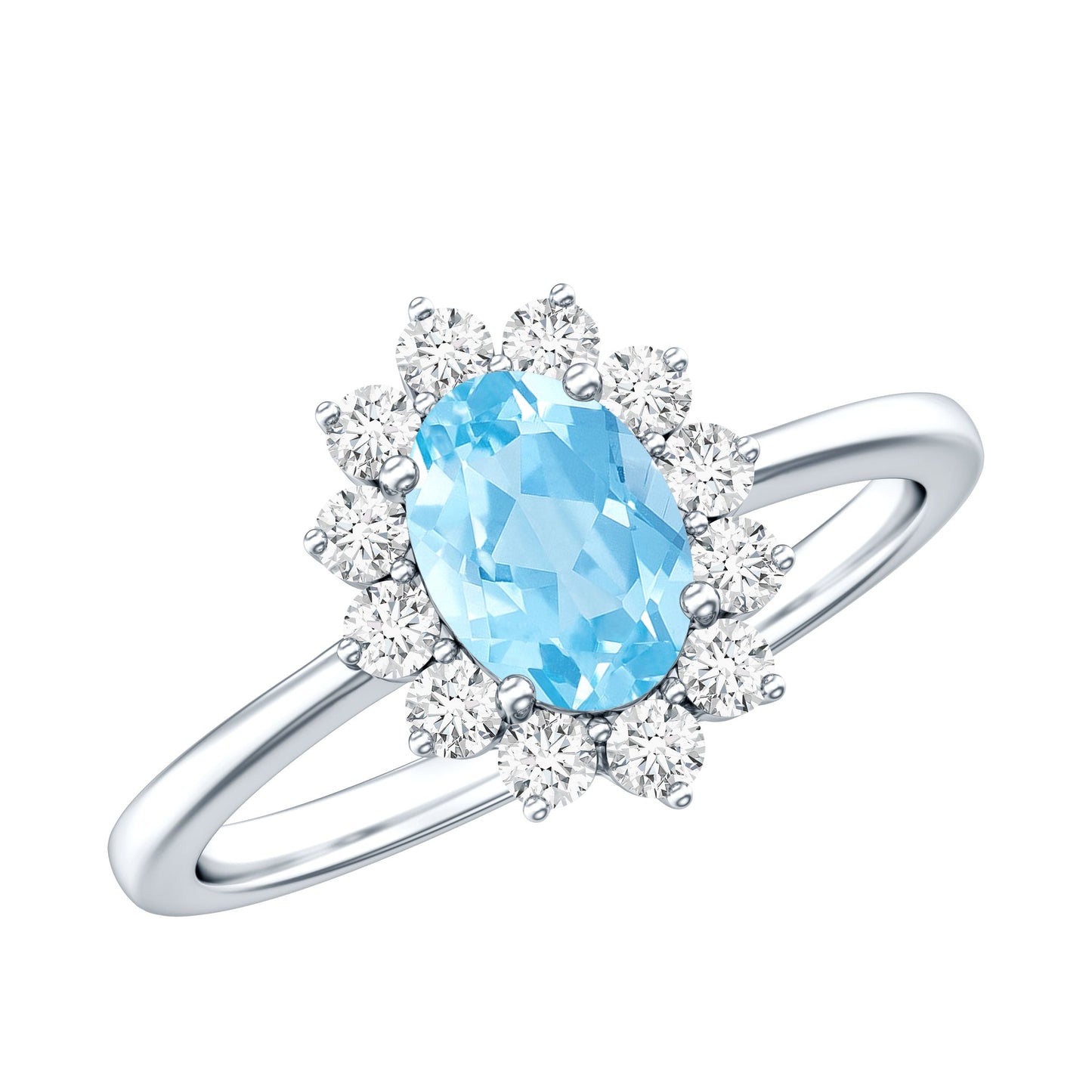 Natural 1 Carat Aquamarine Oval Engagement Ring with Diamond Halo