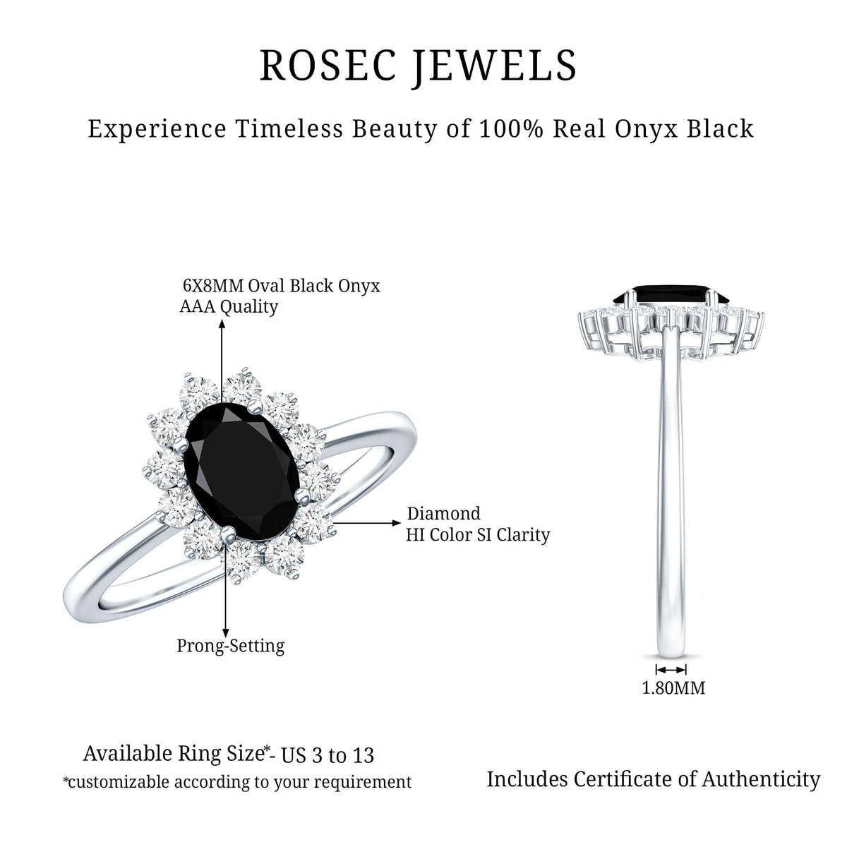 Oval Cut Real Black Onyx and Diamond Halo Engagement Ring