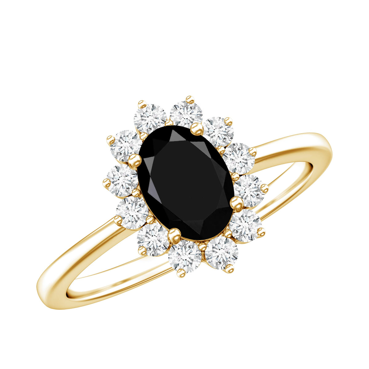 Oval Cut Real Black Onyx and Diamond Halo Engagement Ring