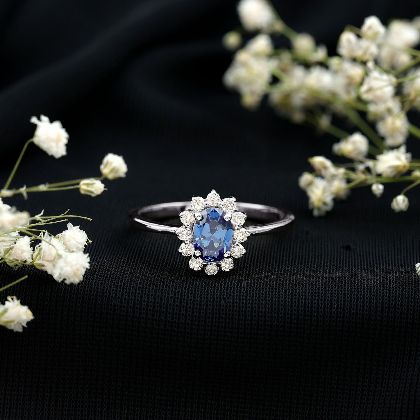 Certified 1 Carat Lab Grown Blue Sapphire Oval Engagement Ring with Diamond Halo