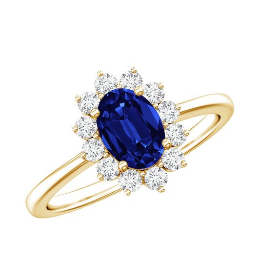 Certified 1 Carat Lab Grown Blue Sapphire Oval Engagement Ring with Diamond Halo