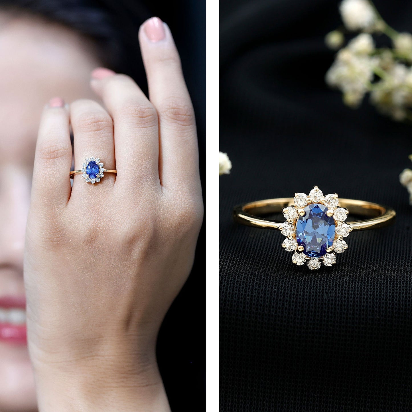 Certified 1 Carat Lab Grown Blue Sapphire Oval Engagement Ring with Diamond Halo