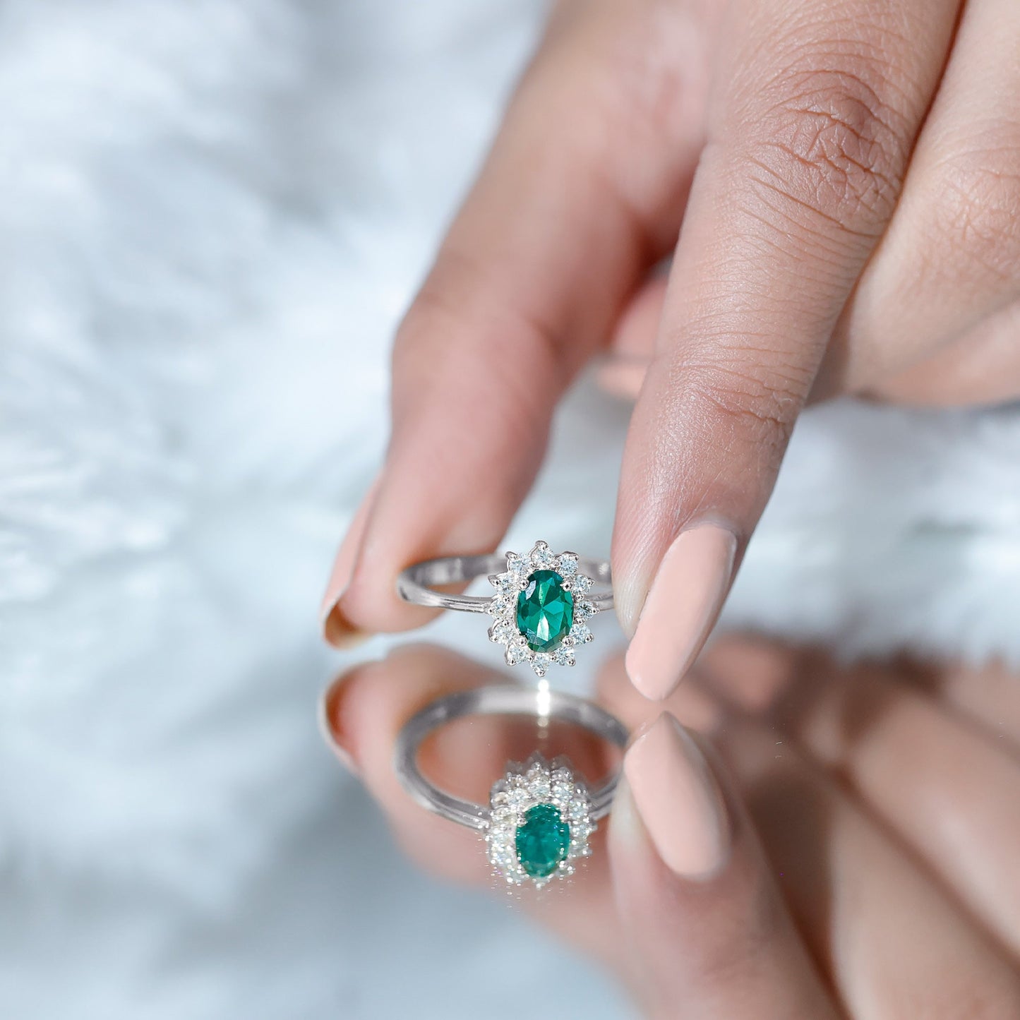 Lab Created Emerald Princess Diana Inspired Engagement Ring with Diamond