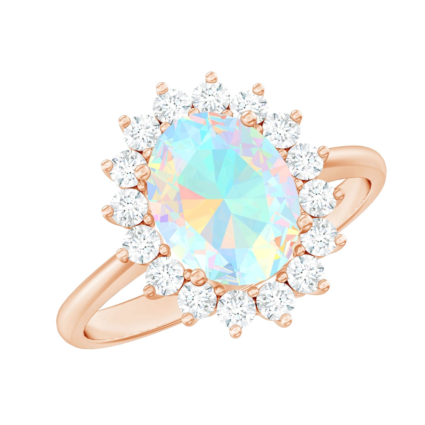 Natural 1.3 Carat Ethiopian Rainbow Opal Oval Engagement Ring with Diamond Halo