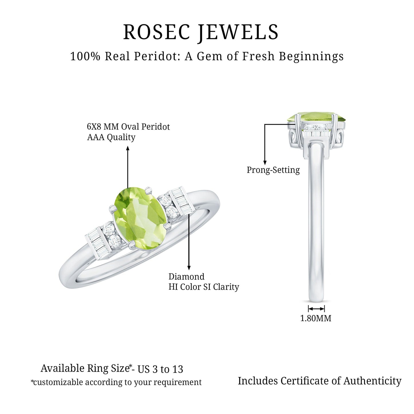 Genuine 1 Carat Peridot Oval Engagement Ring with Diamond