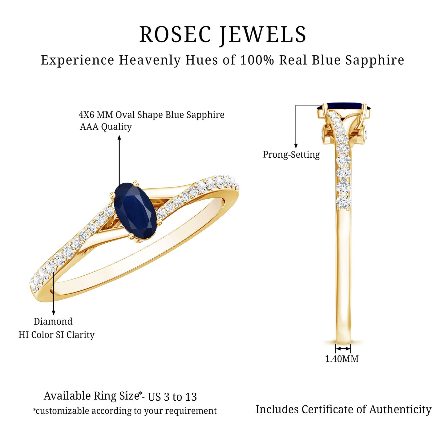 Natural 0.6 Carat Blue Sapphire Minimal Engagement Ring with Diamond Split Shank