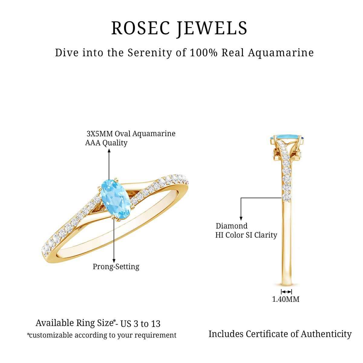Natural Aquamarine Promise Ring with Diamond Split Shank