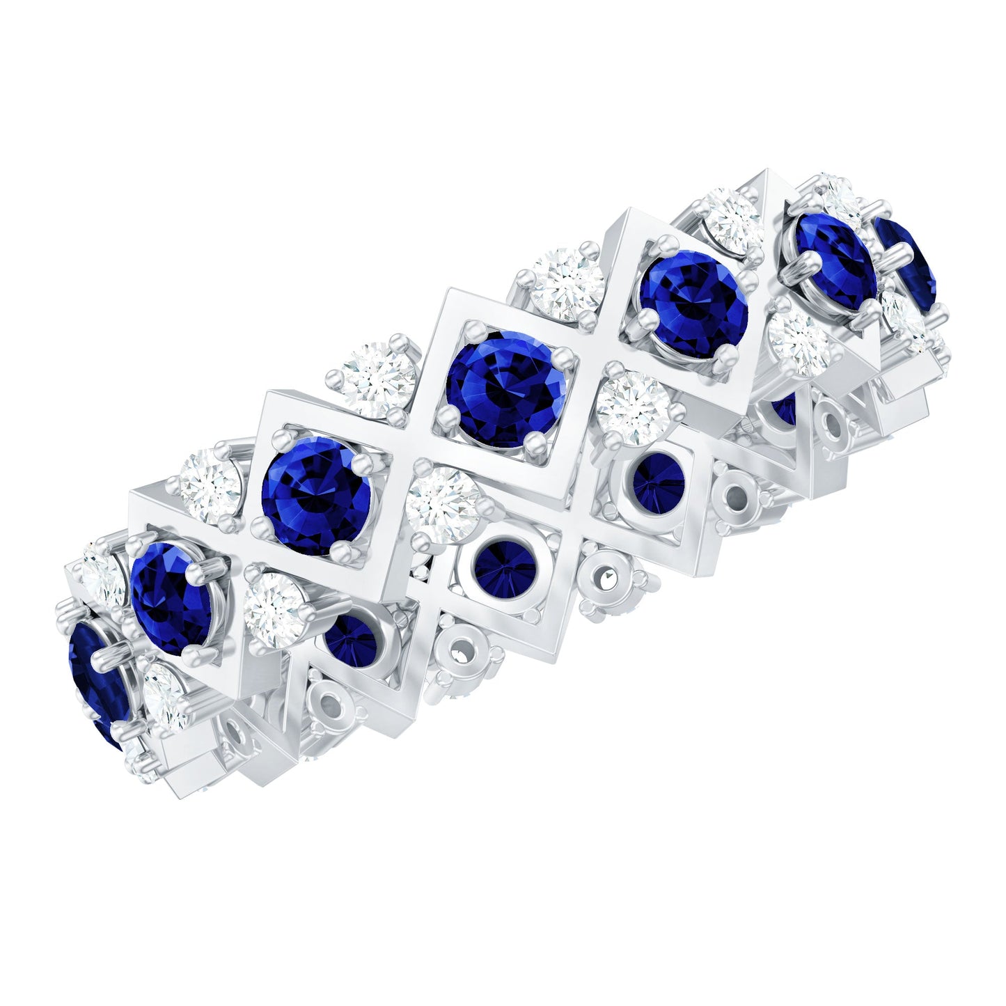 Lab Created Blue Sapphire and Diamond Designer Wedding Band for Women
