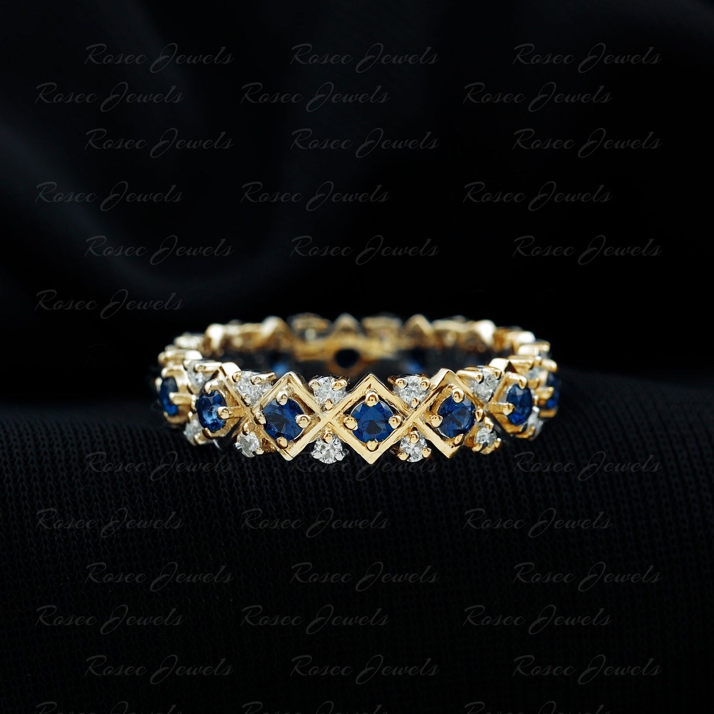 Lab Created Blue Sapphire and Diamond Designer Wedding Band for Women