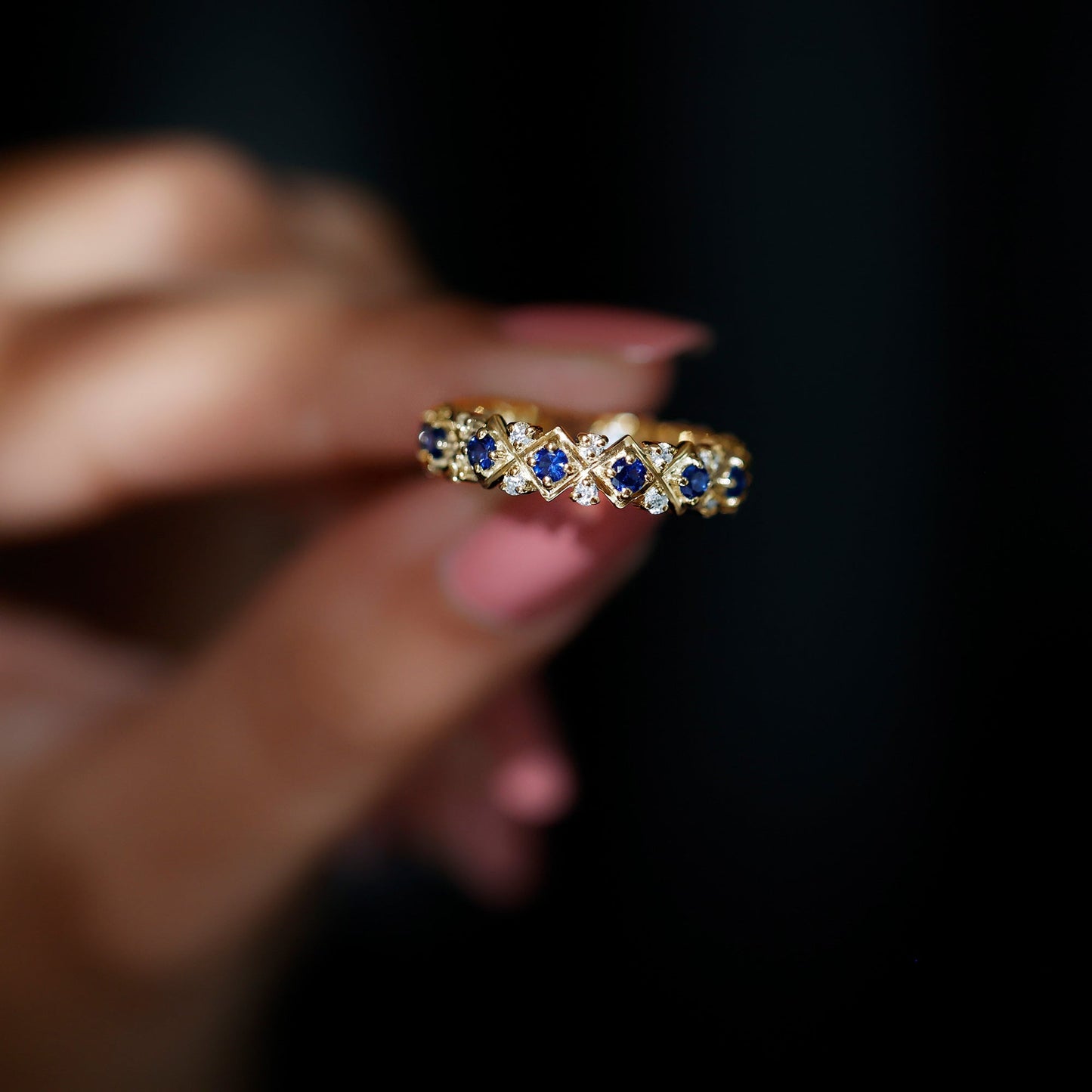 Lab Created Blue Sapphire and Diamond Designer Wedding Band for Women