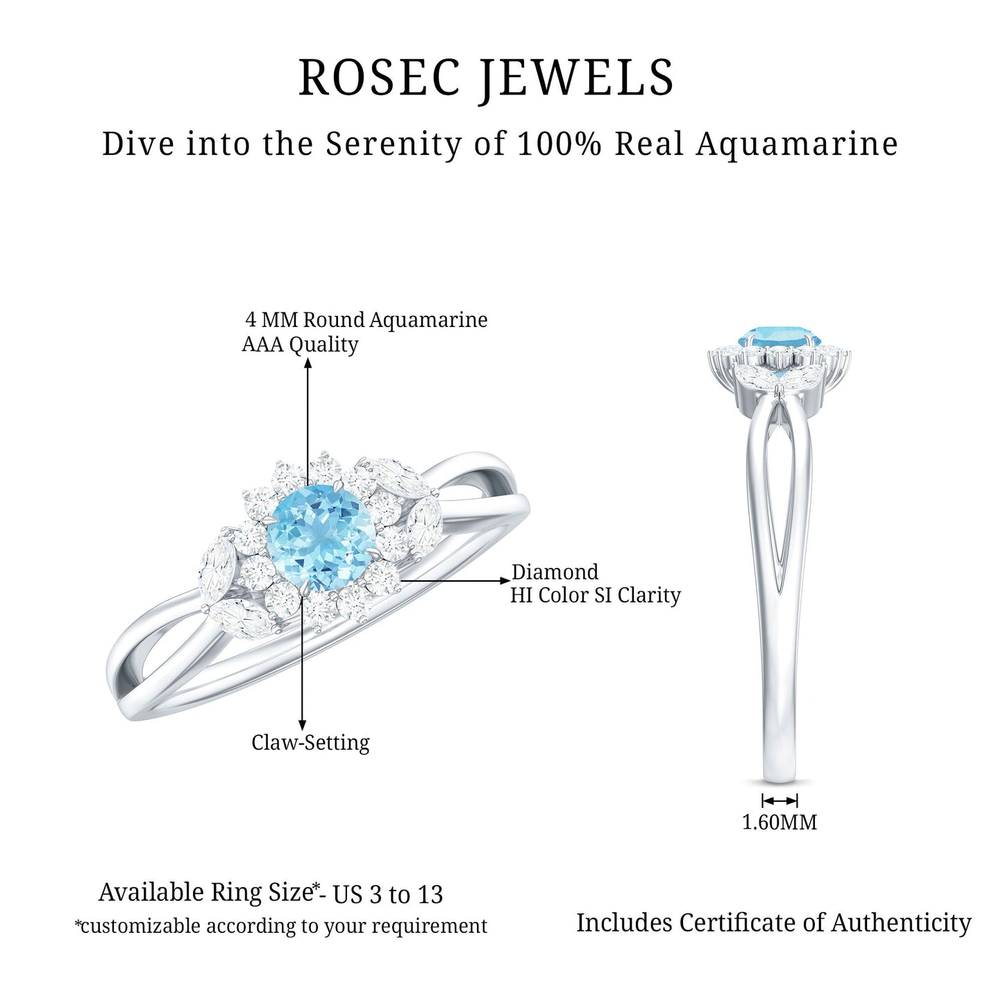 Natural Aquamarine Flower Promise Ring with Diamond