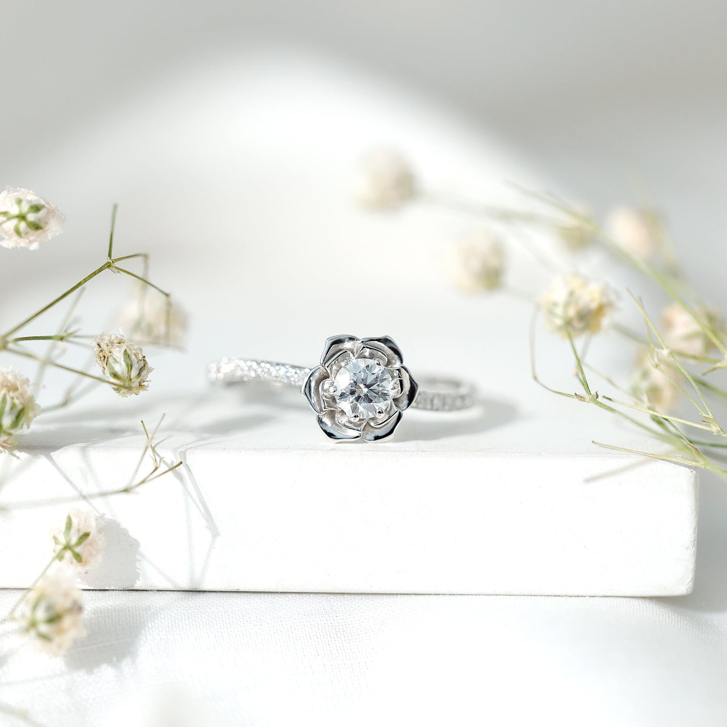Certified Moissanite Rose Flower Engagement Ring