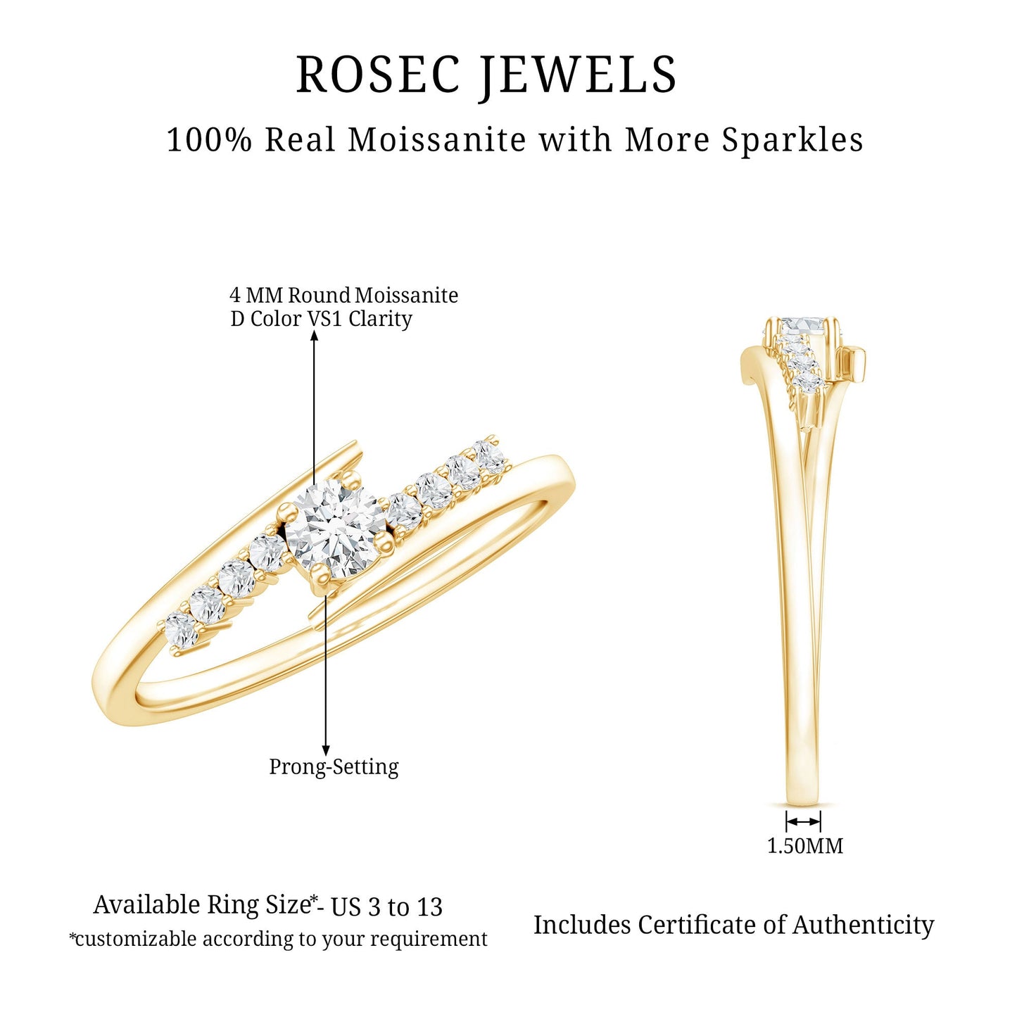 Round Cut Moissanite Promise Ring with Bypass Shank