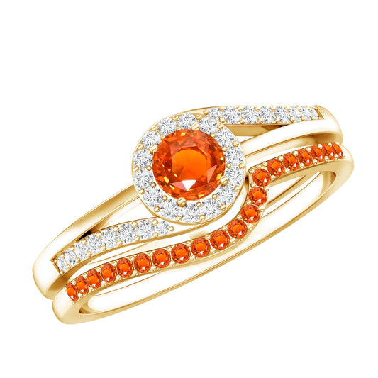 Certified Lab Grown Orange Sapphire Engagement Ring with Diamond Wedding Band