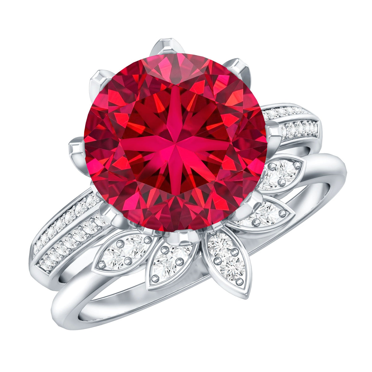 Lab Grown Ruby Flower Bridal Engagement Ring Set with Moissanite