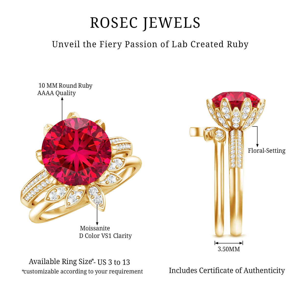Lab Grown Ruby Flower Bridal Engagement Ring Set with Moissanite