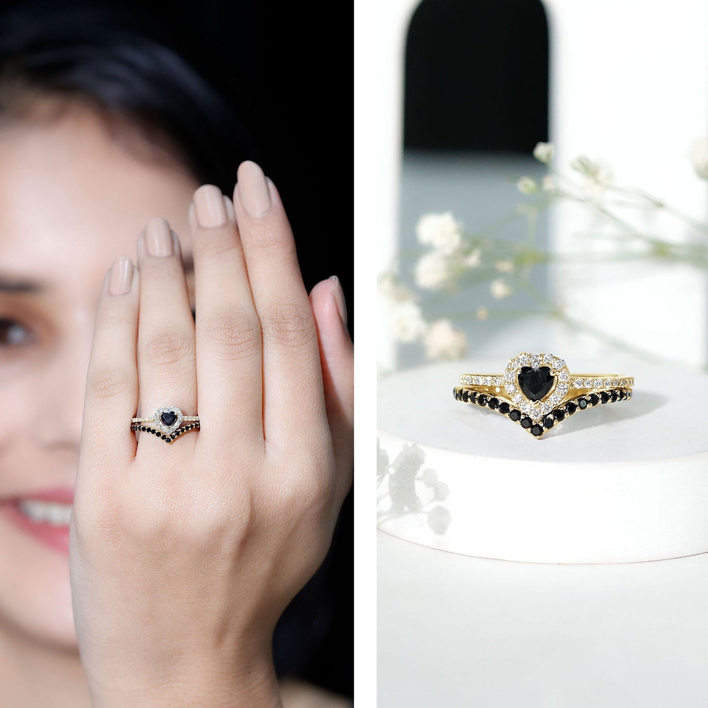 Black Onyx and Diamond Heart Engagement Ring With Ring Guard