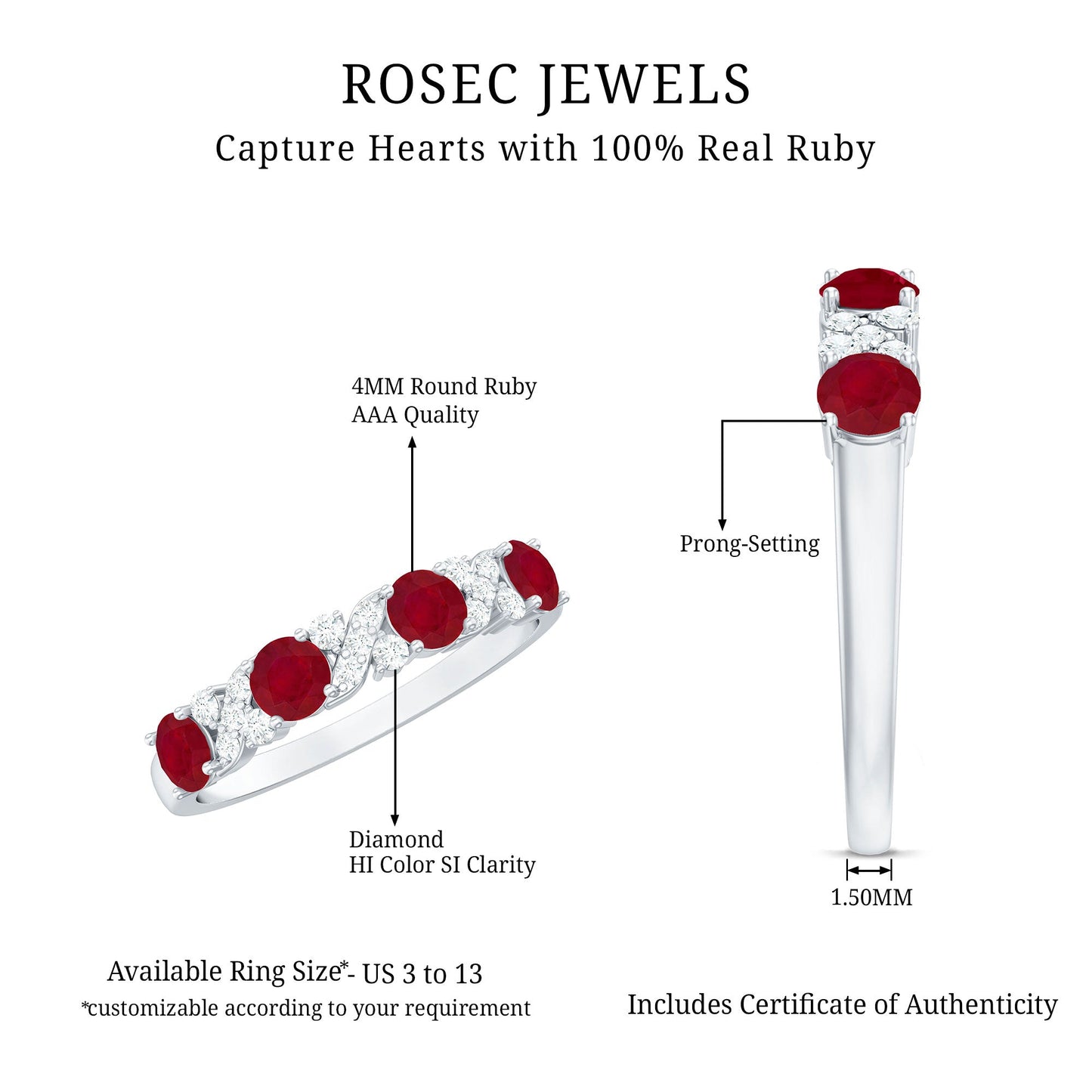Natural Ruby Half Eternity Anniversary Band Ring with Diamond