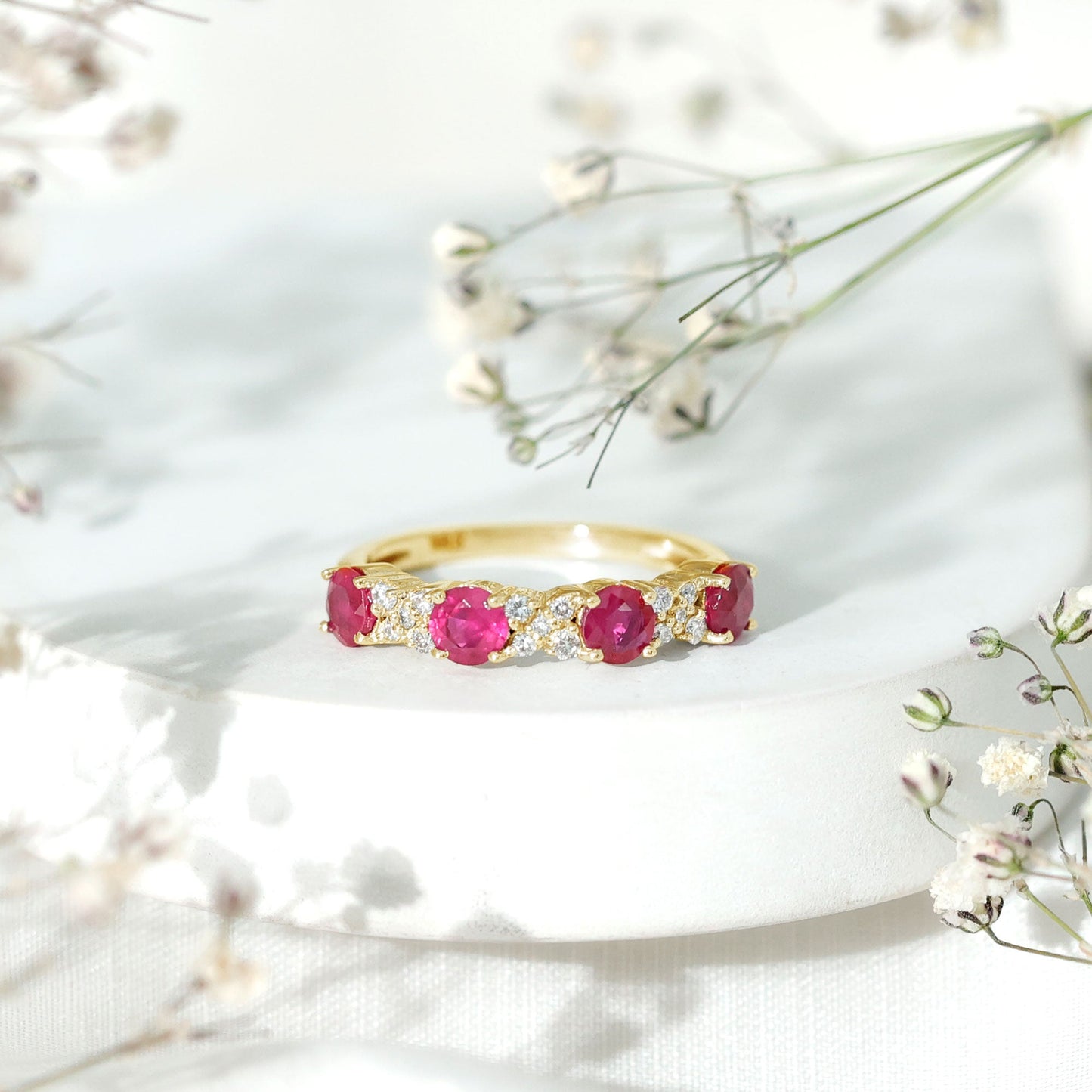 Natural Ruby Half Eternity Anniversary Band Ring with Diamond