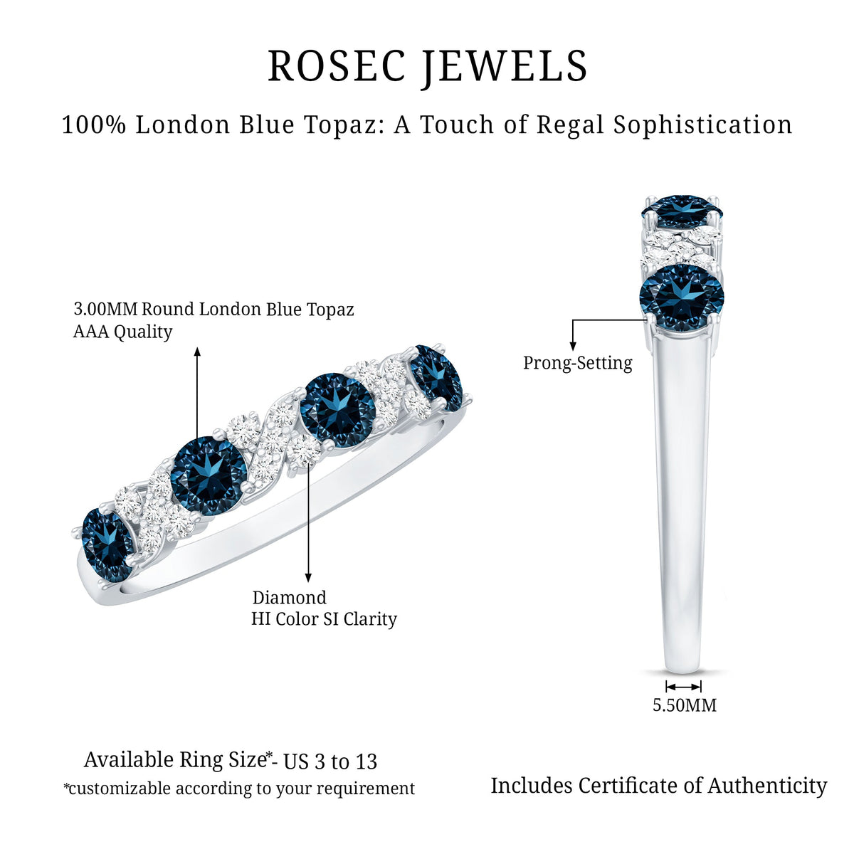 London Blue Topaz Semi Eternity Band with Diamond
