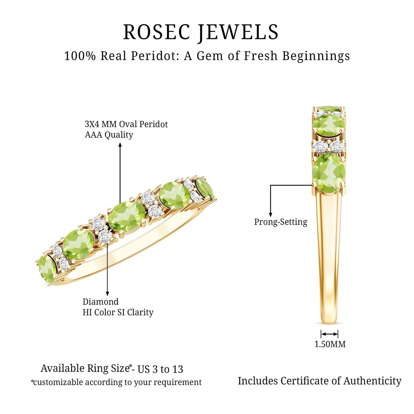 Natural Oval Peridot Diamond Half Eternity Ring in East West Style
