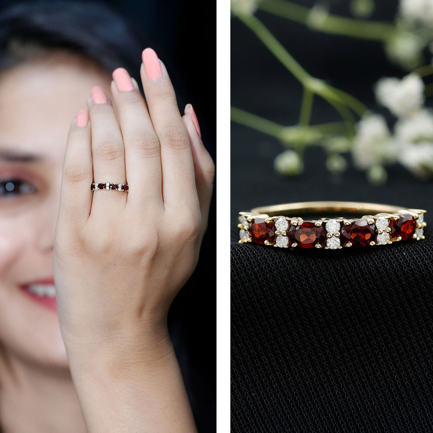 Natural Garnet Eternity Wedding Band in Yellow Gold Plated Silver