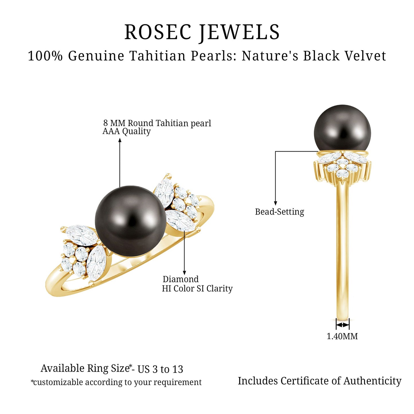 Nature Inspired Tahitian Pearl Engagement Ring with Diamond