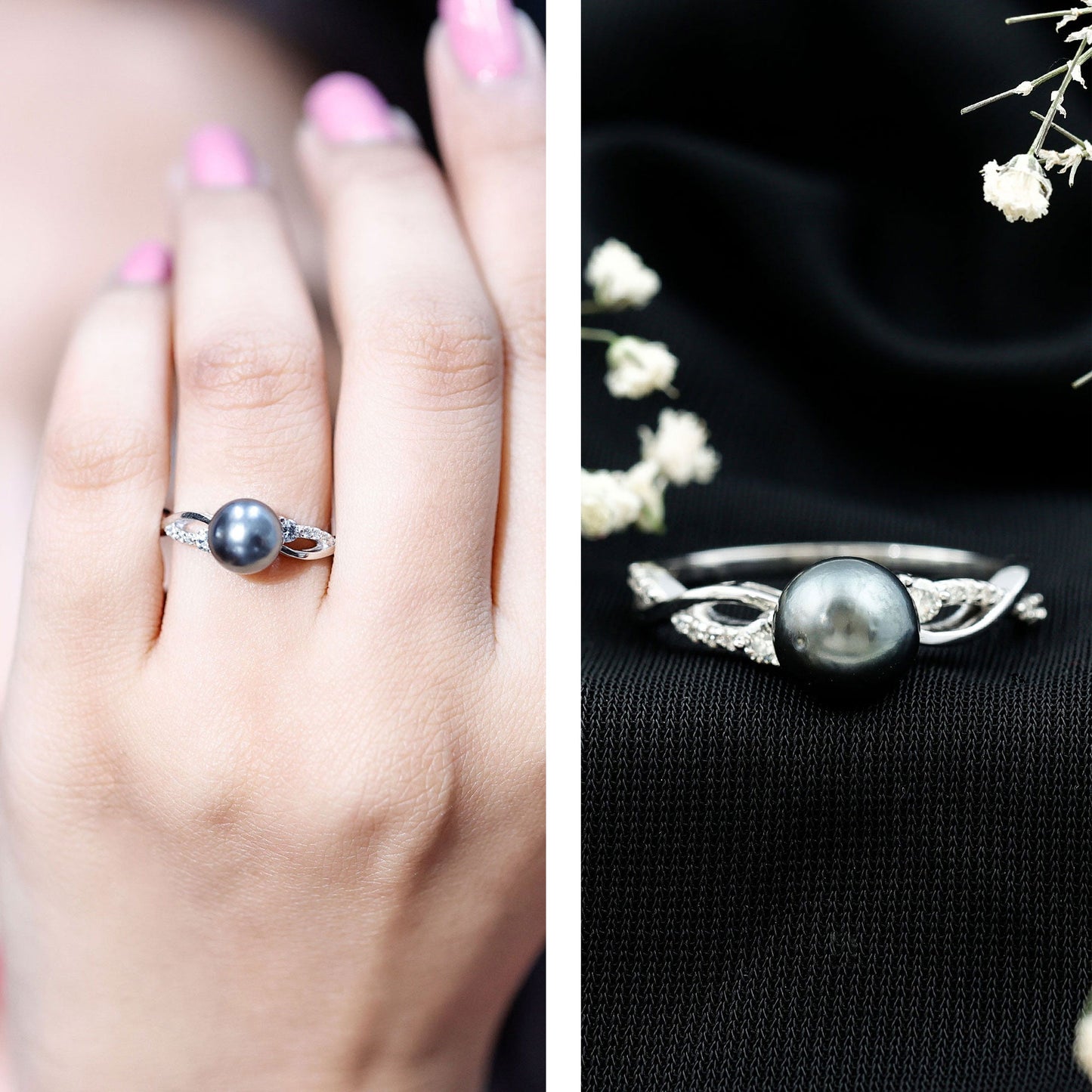 Tahitian Pearl and Diamond Crossover Engagement Ring