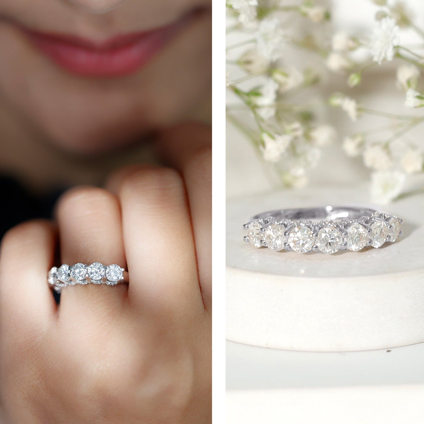 Shared Prong Set Round Moissanite Designer Wedding Band