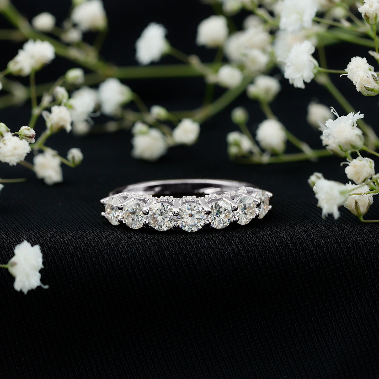 Shared Prong Set Round Moissanite Designer Wedding Band