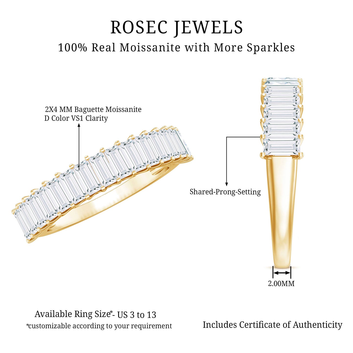 Baguette Cut Certified Moissanite Half Eternity Band Ring